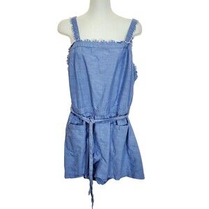 LOFT Beach Shorts Romper Large Chambray Blue Scalloped Edge Pockets Tie Belt